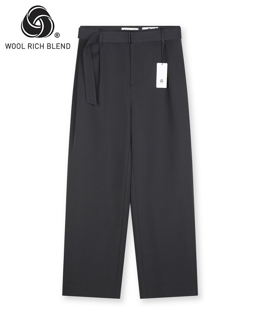 WOOL BLENDED BELTED TWO TUCK PANTS CHARCOAL